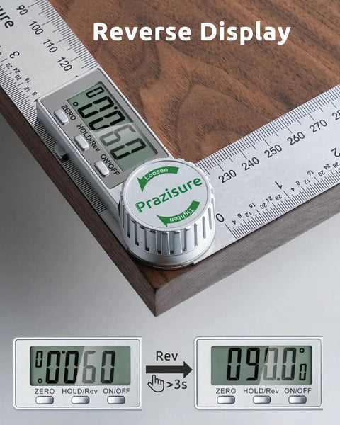 Pro Level Digital Angle Finder Protractor With Roomy Screen For Woodworking And Diy Hustles Featuring Sick Aluminum Build And Dead On Accuracy Calibration Plus Fast Wake Up Feature showing reverse display and digital readout on a wood surface.