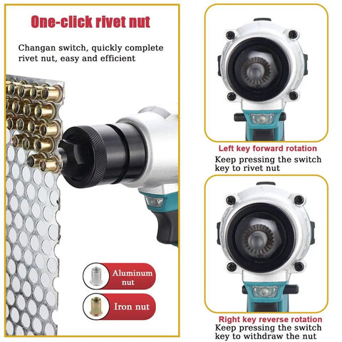 Heavy Duty Cordless Rivet Nut Gun With 5200mAh Dual Batteries for M3 M4 M5 M6 M8 M10 M12, showing crimping mechanism.