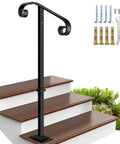 Rock Solid Outdoor Single Post Handrail Wrought Iron Step Railing Black Finish For One Or Two Porch Steps with setup hardware.