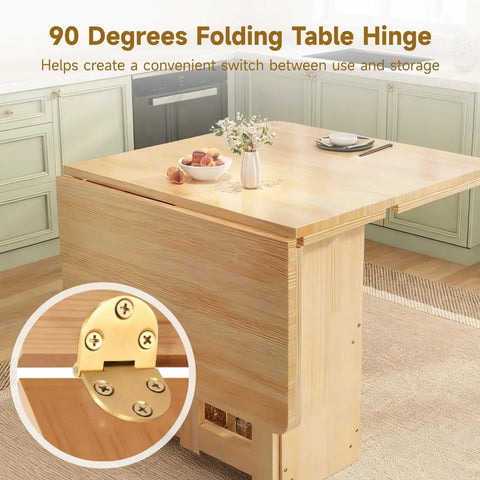 Space Saving Brass 90 Degree Folding Hinge Set For Tables And Cabinets shown on wooden table in kitchen