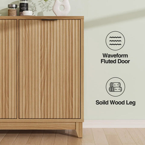 Fluted design detail of Double Tilt Out Trash Can Cabinet With Odor Control And Built In Outlets, featuring solid wood leg.