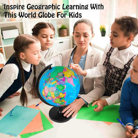 Children and teacher using 10 Inch DIY World Globe For Kids Learning Hands On Assembly Educational Rotating Globe.