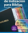 No Fuss Rainbow Spanish Catholic Bible Indexing Tabs on packaging, self-adhesive, 90 colorful markers for quick study.