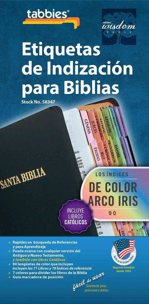 No Fuss Rainbow Spanish Catholic Bible Indexing Tabs on packaging, self-adhesive, 90 colorful markers for quick study.