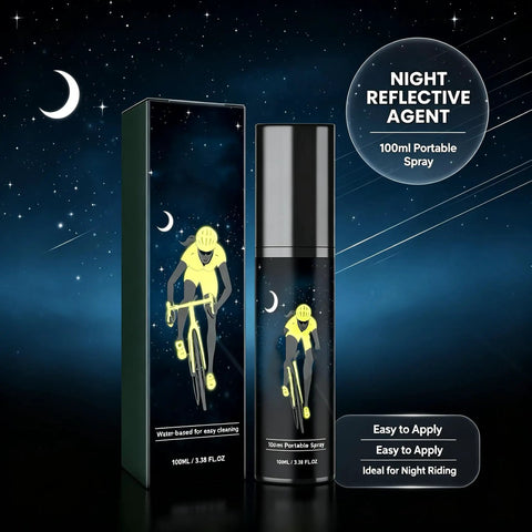 MNVKIJ Multipurpose Night Reflective Spray Agent High Visibility, 100ml spray bottle with cyclist graphic in night sky.