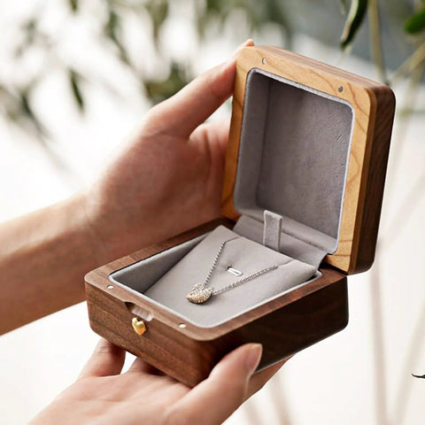 Open wooden jewelry box showing interior details and hinges with necklace inside, showcasing use for Brass Barrel Hidden Hinges 30 Pack For Wooden Boxes And Cabinets, 270 Degree Folding Small Hinge For Diy Crafts, Wooden Jewelry Boxes And Wood Cases, 0.8 X 0.16 In, Durable Solid Brass With Smooth Operation And Elegant Finish.