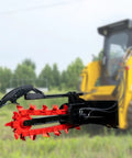 Workhorse Skid Steer Trencher Attachment With Beefy Steel Frame And Tungsten Carbide Teeth in front of yellow loader