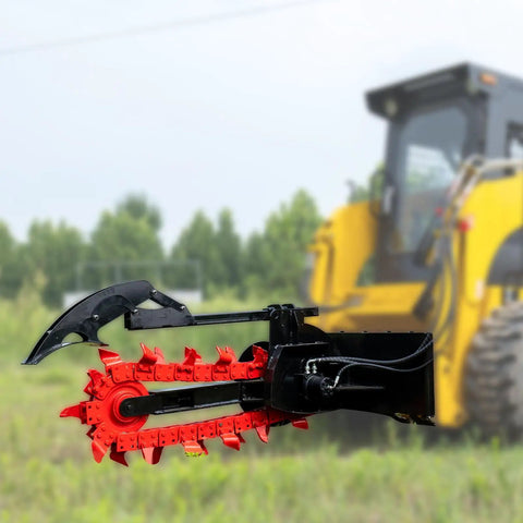 Workhorse Skid Steer Trencher Attachment With Beefy Steel Frame And Tungsten Carbide Teeth in front of yellow loader