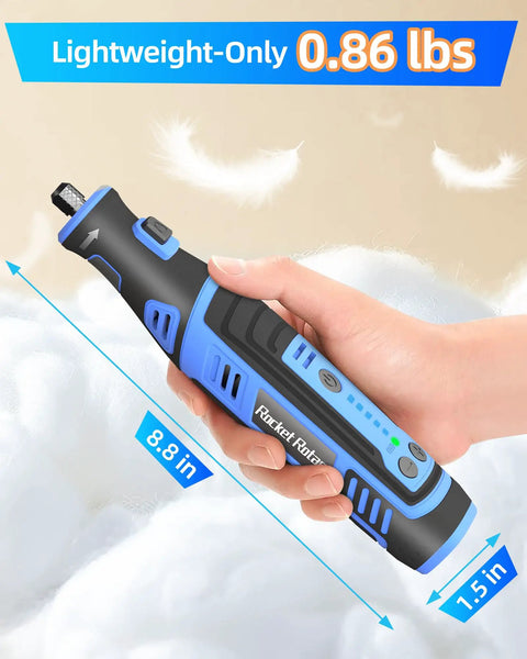 Heavy Duty Eight Volt Cordless Rotary Tool With 135 Piece Accessory Kit And Two Point Eight Amp Hour Battery Offering Five Variable Speed Levels Up To 30000 Rpm For Drilling Grinding Sanding Carving Engraving Polishing Cutting Without Any Cord Dragging held in hand showing its 8.8 inch size and 0.86 pound weight.