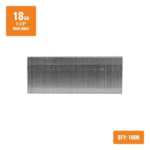Sends Them Straight 18 Gauge Brad Nails 1 Point Five Inch Glue Collated Rugged Steel 1000 Count Box shown in a pack.