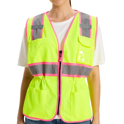 Slim Fit High Visibility Vest For Women With Drawstring Waist Hella Bright Reflective Safety Gear Tailored For Female Figures front view with pockets