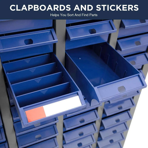 Front view of 100 Drawer Tool Storage Cabinet For Bolt And Nut Organization With Pro Grade Durable ABS Drawers showing open labeled drawers.