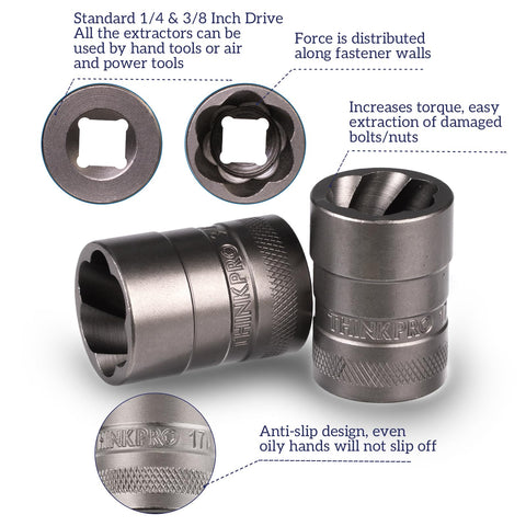 Bolt Extractor Kit Round Bolt Remover Set for Damaged Bolts and Screws Extractor Socket Set, showing SAE and Metric sizes.