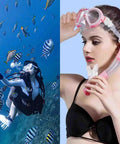 Diver underwater and model wearing snorkel with Six Pack Silicone Diving Mouthpieces In Clear With Tie Strap And Universal Caliber Fit
