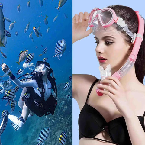 Diver underwater and model wearing snorkel with Six Pack Silicone Diving Mouthpieces In Clear With Tie Strap And Universal Caliber Fit