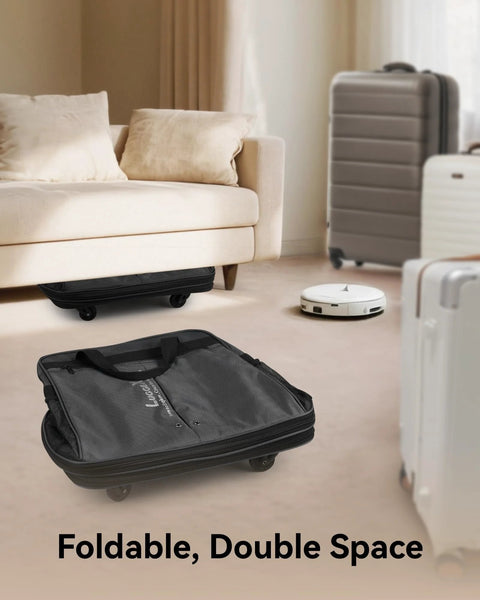 LUGGEX black foldable travel duffel bag with wheels, collapsed, front view