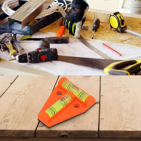 Orange T Shaped 2 Way Bubble Level For Caravan For Motorhome For Camper on a wooden surface among tools.