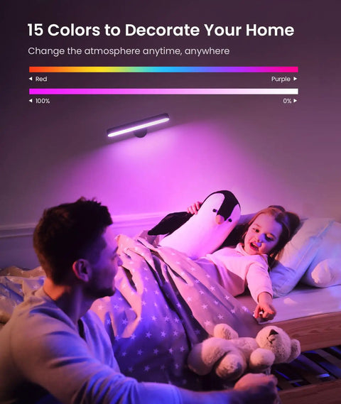 Wireless Rechargeable Wall Sconces Featuring 7500mAh Battery Power Adjustable RGB Color Changing in cozy bedroom with child.