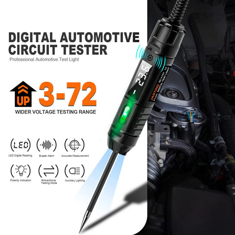3-72V DC Automotive Test Light Bidirectional Volt Circuit Tester For Car Electrical Troubleshooting, Wider Voltage Range To Check Headlights, Taillights, Fuses, Batteries And Circuits Today. Black handheld digital car circuit tester with LED display