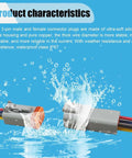 DT 3-pin male and female connector plugs with silicon wire housing and copper, splash in water, showcasing waterproof feature.