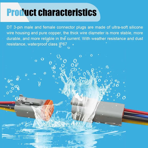 DT 3-pin male and female connector plugs with silicon wire housing and copper, splash in water, showcasing waterproof feature.
