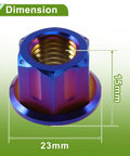 Set Of Six Rugged Titanium Motorcycle Axle Nuts With Grippy Burnt Blue Finish And M12x1.5 Thread showing dimension measurements, 23mm x 15mm.