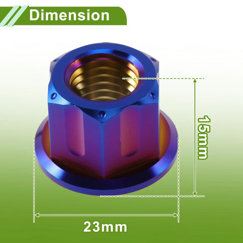 Set Of Six Rugged Titanium Motorcycle Axle Nuts With Grippy Burnt Blue Finish And M12x1.5 Thread showing dimension measurements, 23mm x 15mm.