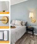 Gold Cordless Wall Sconces Set Of Two Battery Operated Rechargeable Dimmable Led Lamps With Fabric Shades on blue wall.
