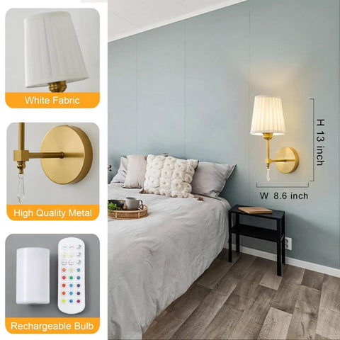 Gold Cordless Wall Sconces Set Of Two Battery Operated Rechargeable Dimmable Led Lamps With Fabric Shades on blue wall.