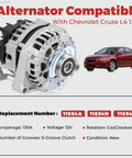 12V 130 Amp Car Alternator For Cruze Eco LT LTZ 2012 2013 2014 2015 2016 1.4L CW Rotation With 5 Groove Clutch Pulley Replaces 13581891