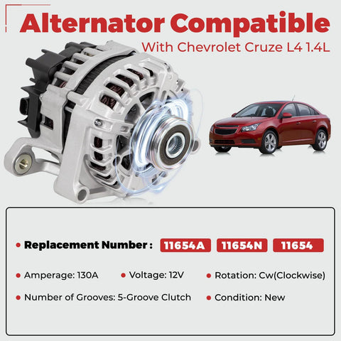 12V 130 Amp Car Alternator For Cruze Eco LT LTZ 2012 2013 2014 2015 2016 1.4L CW Rotation With 5 Groove Clutch Pulley Replaces 13581891