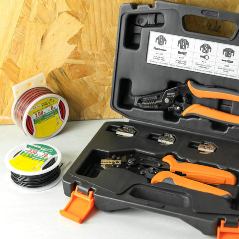 Quick Change Ratcheting Crimping Tool Kit For Auto Wiring Includes Five Die Sets Wire Stripper Carry Case organized in open case