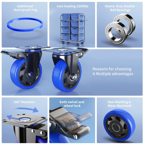 Collage of 5 Inch Caster Wheels With Safety Dual Locking Heavy Duty Set Of 4 showcasing features, materials, and durability