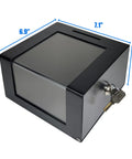 Heavy Duty Steel Countertop Tip Box With Combo Cable Lock Secure Cash Collection Jar For Restaurants And Shops Keep That Dough Safe Heavy Metal Tip Tray For Donations And Business Cards Pro Setup, showing dimensions 6.9x7.1x4 inches.