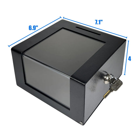Heavy Duty Steel Countertop Tip Box With Combo Cable Lock Secure Cash Collection Jar For Restaurants And Shops Keep That Dough Safe Heavy Metal Tip Tray For Donations And Business Cards Pro Setup, showing dimensions 6.9x7.1x4 inches.