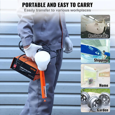 Person holding Vevor 50Kv Electrostatic Powder Coating Kit with Foot Switch and Spray Gun for Home DIY Projects.