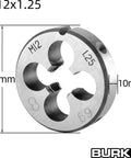 M12 X 1.25 Tap And Die Set Right Hand For Precision Metalworking featuring round die with 38mm diameter and 10mm thickness.