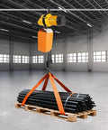 Heavy Duty 2200 Lbs Electric Chain Hoist With Single Phase Power Pulling Loads High Up To 10 Feet Fast And Smooth Overhead Crane System lifting black steel bars on a wooden pallet.