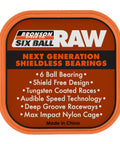 Premium 6 Ball Skateboard Bearings For Pro Riders box featuring 6 ball design, tungsten coated races and shieldless technology.