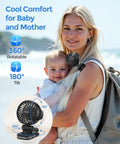 Must Have Clip On Baby Fan With Rechargeable Battery attached to backpack, mother holding baby on beach