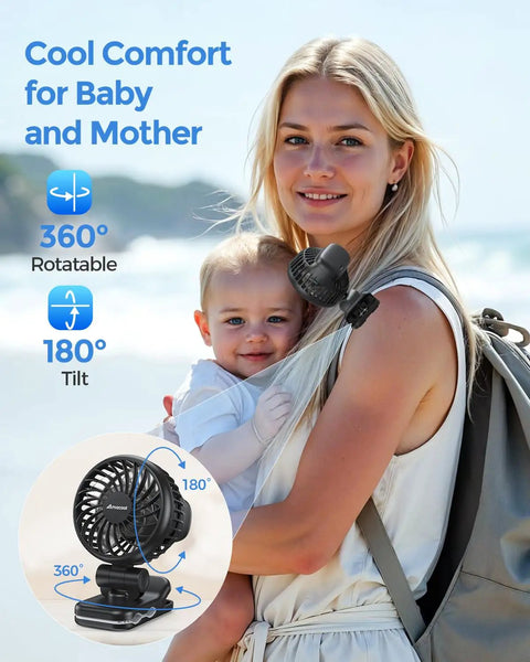 Must Have Clip On Baby Fan With Rechargeable Battery attached to backpack, mother holding baby on beach