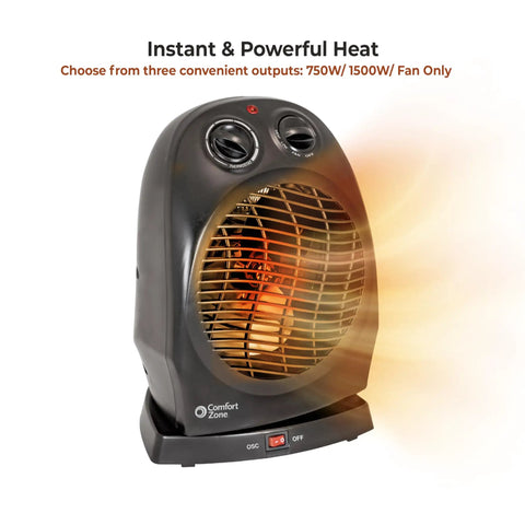 Oscillating Space Heater With Adjustable Thermostat, Desktop Portable 1500W, showing front view with fan-forced heat and controls.