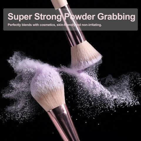 Close-up of APINK 14 Piece Mini Makeup Brush Set With LED Light Mirror Travel Case on the go beauty kit showing powder grasping bristles
