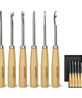 Six Piece Wood Carving Tools And Kickass CRV Steel Chisel Set With Rust Resistant Coating And Fishtail V Gouge Design For Fine Woodworking showing various chisels with wooden handles.