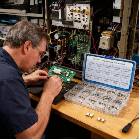 Technician using Metal Micro Momentary Tactile Push Button Switch Kit with 240 Pieces SMT 4x4mm Buttons, 14 Heights