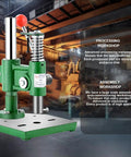 Heavy Duty Cast Iron Arbor Press With Slick Automatic Rebound Handle And Knockout 350 Lb Capacity in a workshop setting.