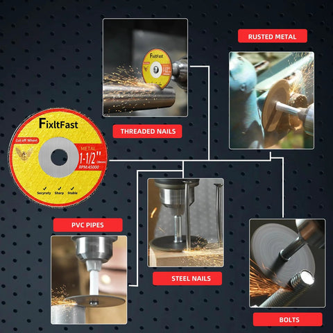 FIXLTFAST cutoff wheels: 1-1/2 in fiberglass reinforced metal disc, 1/8 in thick, includes mandrels, 11-pack