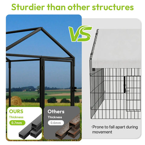 Comparison of Heavy Duty Predator Proof Metal Chicken Run With Cover And Swing with other structure showing thickness and durability.