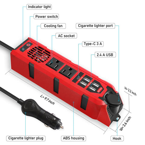 Plug And Play 200W Car Power Inverter Dc 12V To 110V Ac Converter With Dual Outlets Four Quick Charge Usb Ports And Type C Adapter, showing inputs and features.