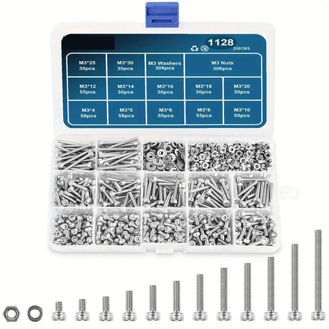 1128 Piece Hex Socket Head Cap Bolt Set M3 Stainless Steel Allen Screws Kit For Machinery And Auto DIY Projects Gearhead Approved Durable Fasteners For Repairs And Upgrades, assorted M3 screws and nuts in organizer